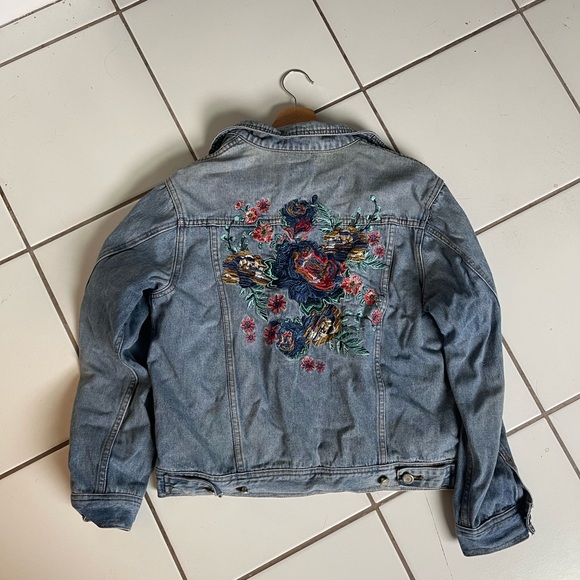 atnu Jackets & Blazers - Altuzarra Blue Denim Jacket with Floral Embroidery